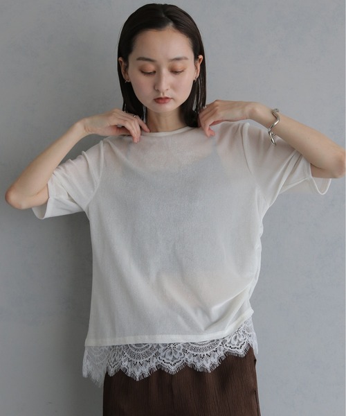 &g'aime(アンジェム)の「【&g'aime 】シアーベロア裾レーストップス Sheer Velour Lace-Trimmed Top(Tシャツ/カットソー・レディース・オフホワイト/ブラウン/ブラック・FREE)」の5枚目の写真