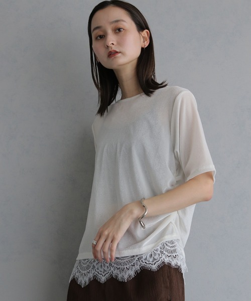 &g'aime(アンジェム)の「【&g'aime 】シアーベロア裾レーストップス Sheer Velour Lace-Trimmed Top(Tシャツ/カットソー・レディース・オフホワイト/ブラウン/ブラック・FREE)」の6枚目の写真