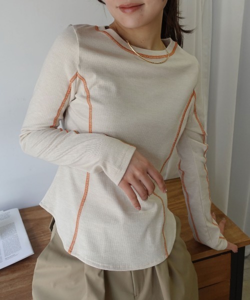 CORNERS（コーナーズ）の「メランジリブバイカラートップス（Tシャツ/カットソー・レディース・ブラウン/グレー/ブラック/ベージュ系その他・M）」の4枚目の写真