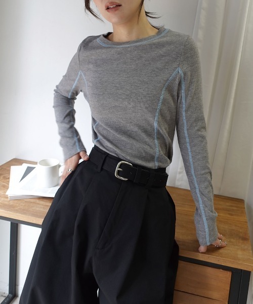 CORNERS（コーナーズ）の「メランジリブバイカラートップス（Tシャツ/カットソー・レディース・ブラウン/グレー/ブラック/ベージュ系その他・M）」の3枚目の写真