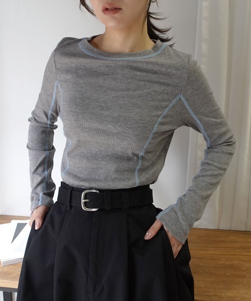 CORNERS（コーナーズ）の「メランジリブバイカラートップス（Tシャツ/カットソー・レディース・ブラウン/グレー/ブラック/ベージュ系その他・M）」の6枚目の写真