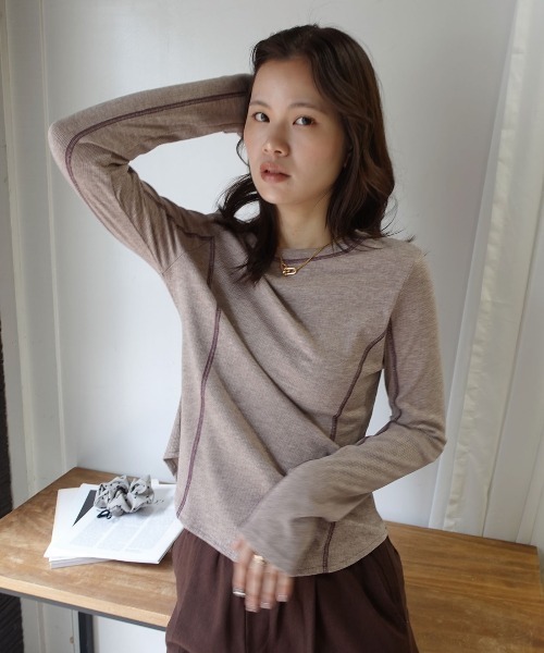 CORNERS（コーナーズ）の「メランジリブバイカラートップス（Tシャツ/カットソー・レディース・ブラウン/グレー/ブラック/ベージュ系その他・M）」の8枚目の写真