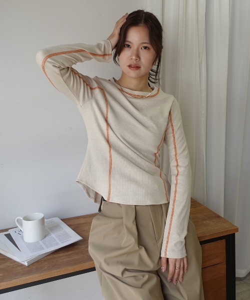 CORNERS（コーナーズ）の「メランジリブバイカラートップス（Tシャツ/カットソー・レディース・ブラウン/グレー/ブラック/ベージュ系その他・M）」の12枚目の写真