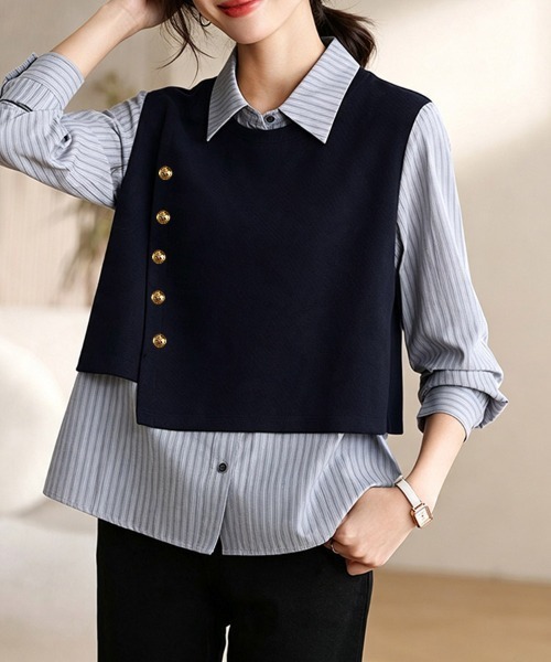 ONEP STAR(ワンピスター)の「ストライプシャツドッキング風トップス(シャツ/ブラウス・レディース・ネイビー・LARGE/MEDIUM/X-LARGE)」の1枚目の写真