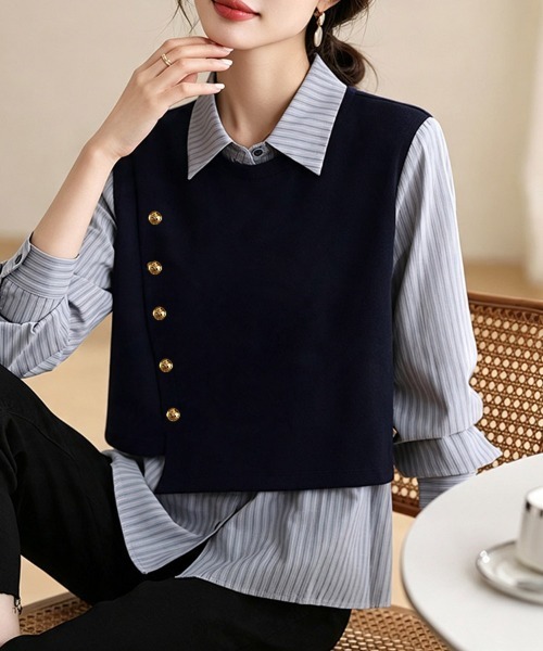 ONEP STAR(ワンピスター)の「ストライプシャツドッキング風トップス(シャツ/ブラウス・レディース・ネイビー・LARGE/MEDIUM/X-LARGE)」の2枚目の写真