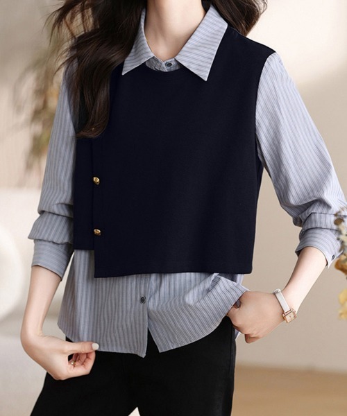 ONEP STAR(ワンピスター)の「ストライプシャツドッキング風トップス(シャツ/ブラウス・レディース・ネイビー・LARGE/MEDIUM/X-LARGE)」の3枚目の写真