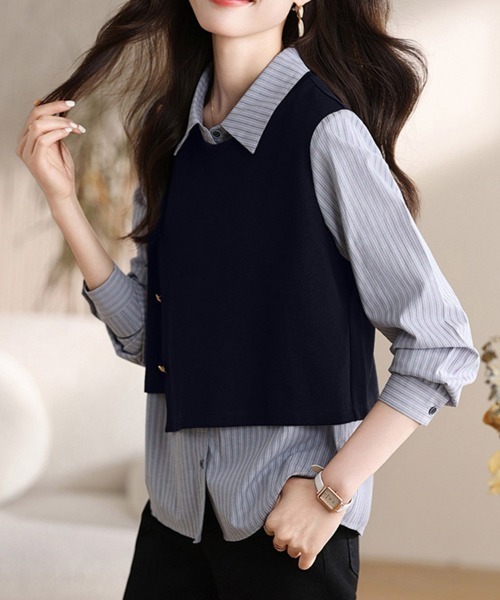 ONEP STAR(ワンピスター)の「ストライプシャツドッキング風トップス(シャツ/ブラウス・レディース・ネイビー・LARGE/MEDIUM/X-LARGE)」の4枚目の写真