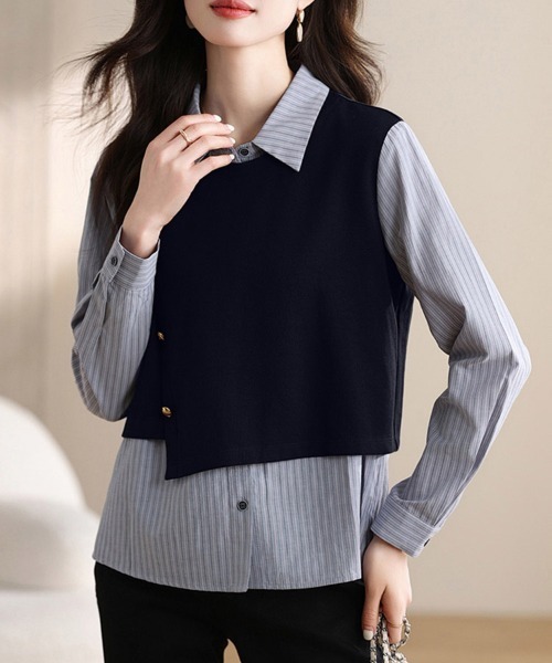 ONEP STAR(ワンピスター)の「ストライプシャツドッキング風トップス(シャツ/ブラウス・レディース・ネイビー・LARGE/MEDIUM/X-LARGE)」の5枚目の写真