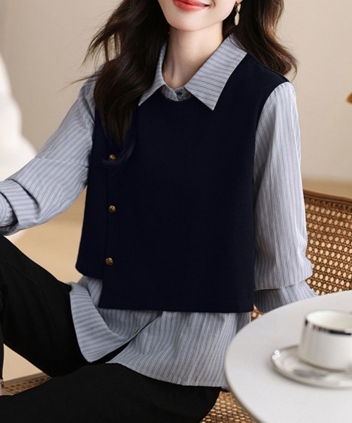 ONEP STAR(ワンピスター)の「ストライプシャツドッキング風トップス(シャツ/ブラウス・レディース・ネイビー・LARGE/MEDIUM/X-LARGE)」の6枚目の写真