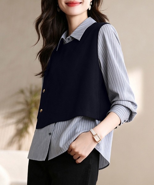 ONEP STAR(ワンピスター)の「ストライプシャツドッキング風トップス(シャツ/ブラウス・レディース・ネイビー・LARGE/MEDIUM/X-LARGE)」の8枚目の写真