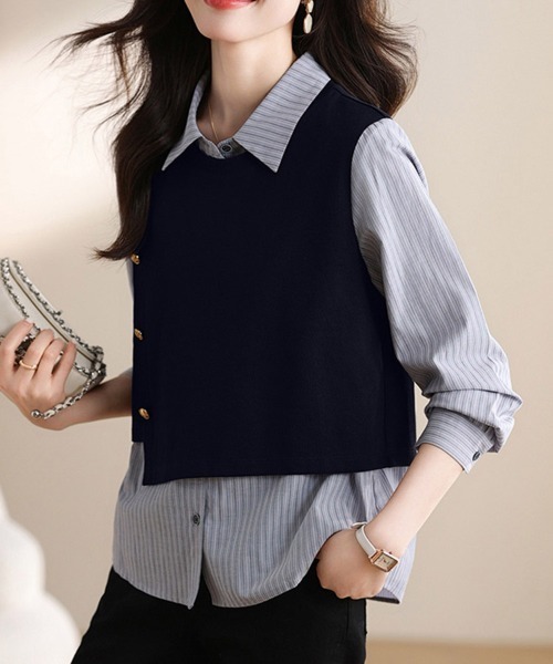 ONEP STAR(ワンピスター)の「ストライプシャツドッキング風トップス(シャツ/ブラウス・レディース・ネイビー・LARGE/MEDIUM/X-LARGE)」の9枚目の写真