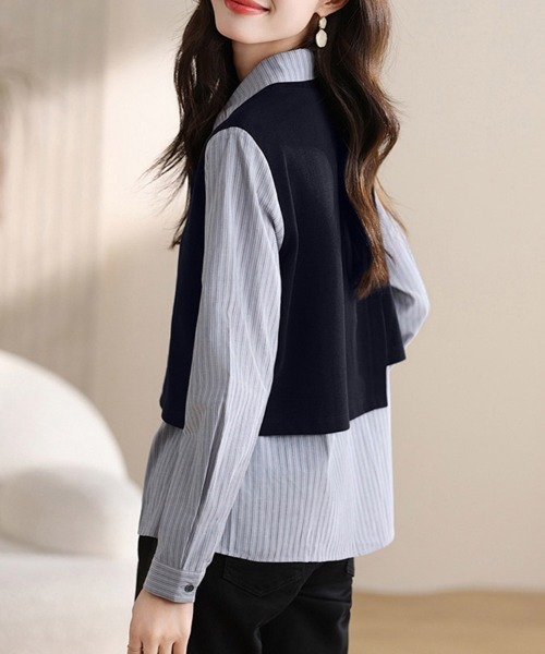 ONEP STAR(ワンピスター)の「ストライプシャツドッキング風トップス(シャツ/ブラウス・レディース・ネイビー・LARGE/MEDIUM/X-LARGE)」の10枚目の写真