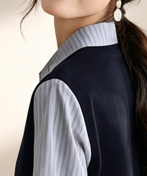 ONEP STAR(ワンピスター)の「ストライプシャツドッキング風トップス(シャツ/ブラウス・レディース・ネイビー・LARGE/MEDIUM/X-LARGE)」の13枚目の写真