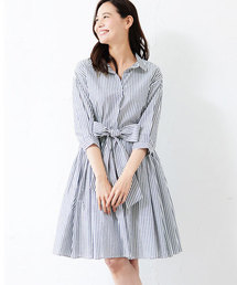 たっぷりドレープのリボンベルト付シャツワンピ