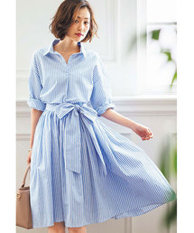 たっぷりドレープのリボンベルト付シャツワンピ