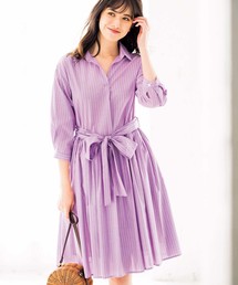 たっぷりドレープのリボンベルト付シャツワンピ