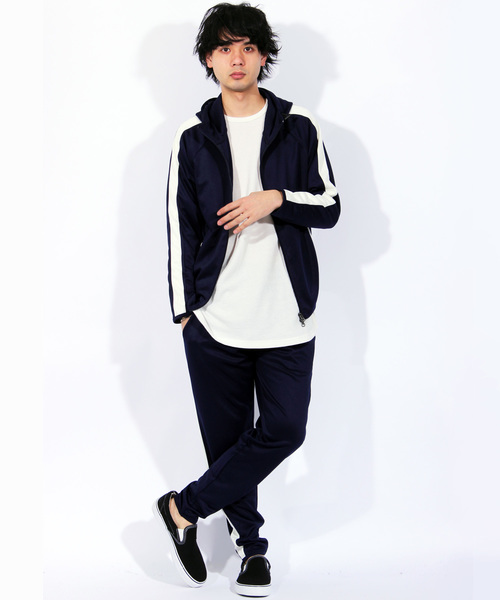 ８(eight)（エイト）の「ライン入り ジャージ ジャケット セットアップ（ジャージ・メンズ・ブラック/ネイビー/ブラック×レッド/ブラック×ブルー・MEDIUM/LARGE/X-LARGE）」の4枚目の写真