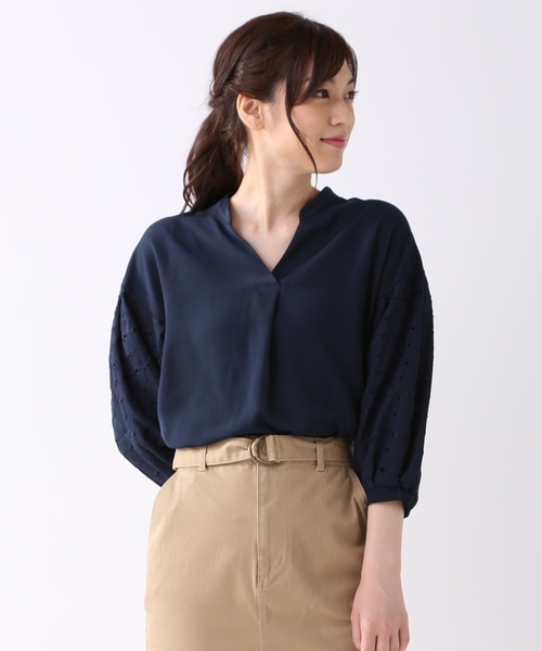 Honeys(ハニーズ)の「袖異素材ブラウス(シャツ/ブラウス)」|ネイビー