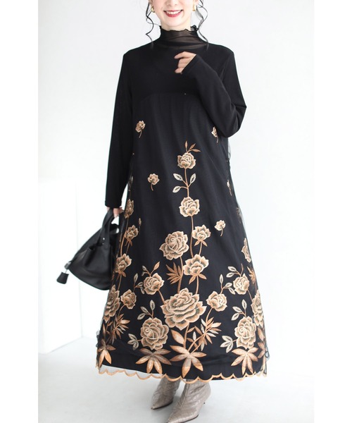 ワンピース 黒 チュールベールが重なる薔薇咲くロングワンピース ワンピース Cawaii カワイイ のファッション