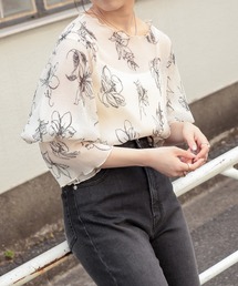 【Web限定】5分袖ラインフラワーシアートップス(キャミ付き)
