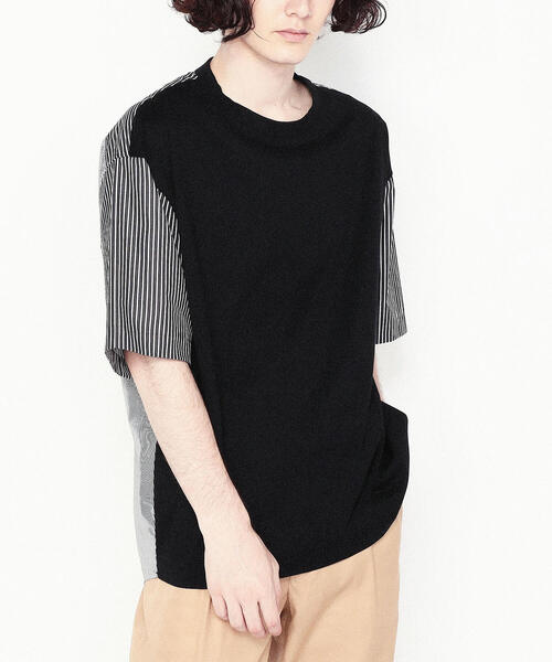 TOMORROWLAND （トゥモローランド）の「【WEB限定】コットンジャージー ストライプシャツコンビ クルーネックTシャツ（Tシャツ/カットソー・メンズ・ブラック系その他・S/M/L）」の2枚目の写真