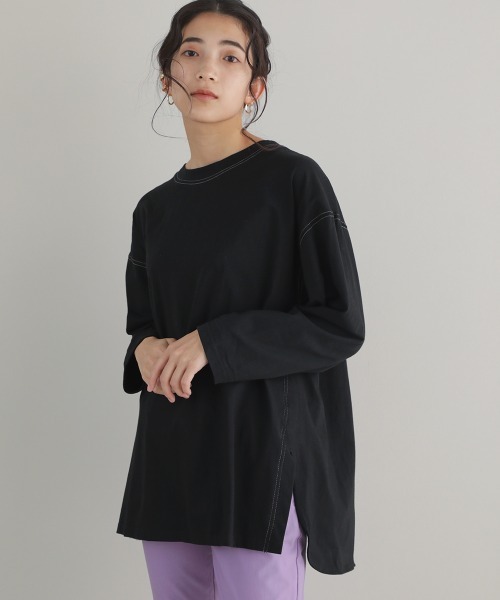 Bou Jeloud(ブージュルード)の「配色ステッチロングトップス(Tシャツ/カットソー・レディース・ブラック/グレー/カーキ・FREE)」の1枚目の写真