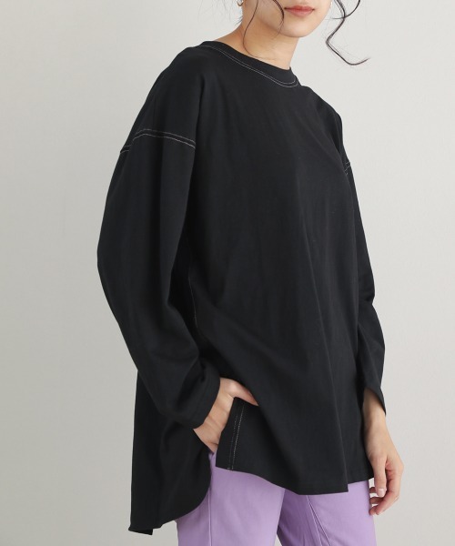 Bou Jeloud(ブージュルード)の「配色ステッチロングトップス(Tシャツ/カットソー・レディース・ブラック/グレー/カーキ・FREE)」の12枚目の写真