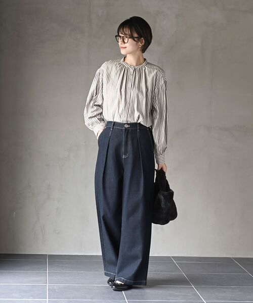 rps（アールピーエス）の「ネル起毛バンドカラーギャザーブラウス（シャツ/ブラウス・レディース・グレー/カーキ/ストライプ/アイボリー/ネイビー/ブラック/オフホワイト/ベージュ系その他/ブラック系その他2・M/フリー）」の21枚目の写真