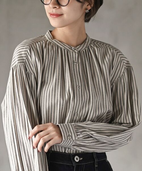 ネル起毛バンドカラーギャザーブラウス（シャツ/ブラウス）｜rps