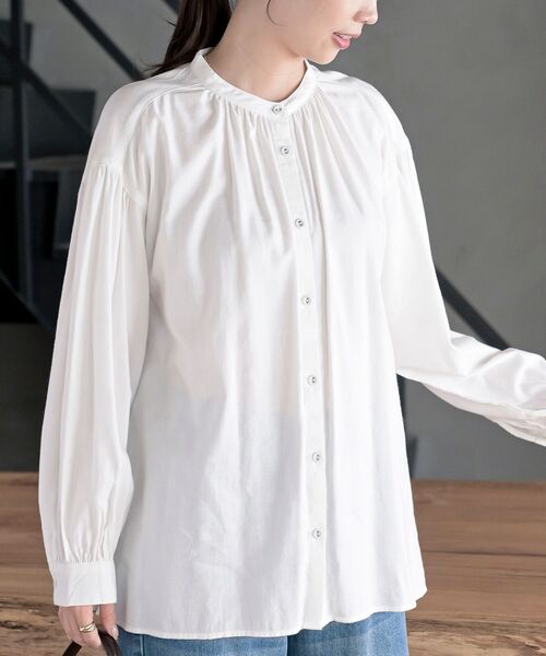 ネル起毛バンドカラーギャザーブラウス（シャツ/ブラウス）｜rps