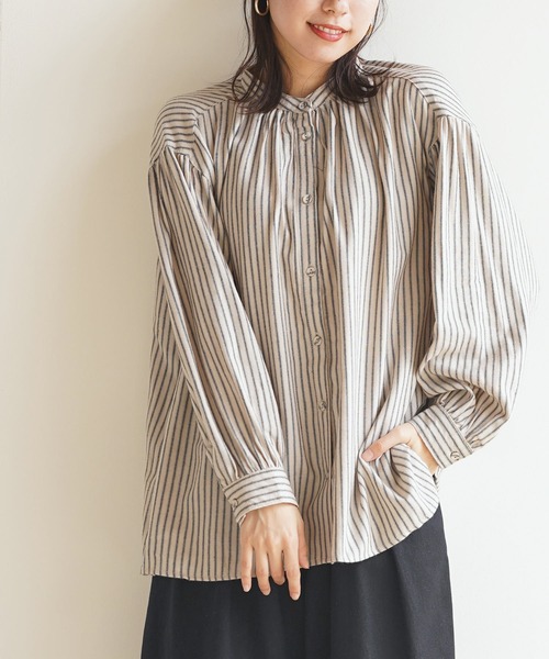 rps（アールピーエス）の「ネル起毛バンドカラーギャザーブラウス（シャツ/ブラウス・レディース・グレー/カーキ/ストライプ/アイボリー/ネイビー/ブラック/オフホワイト/ベージュ系その他/ブラック系その他2・M/フリー）」の9枚目の写真