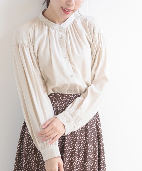 rps（アールピーエス）の「ネル起毛バンドカラーギャザーブラウス（シャツ/ブラウス・レディース・グレー/カーキ/ストライプ/アイボリー/ネイビー/ブラック/オフホワイト/ベージュ系その他/ブラック系その他2・M/フリー）」の3枚目の写真