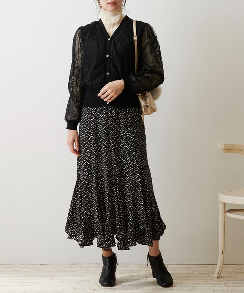 Luxe brille（リュクスブリエ）の「袖レースのVネックニットカーディガン（カーディガン/ボレロ・レディース・ブラック/オフホワイト・FREE）」の14枚目の写真