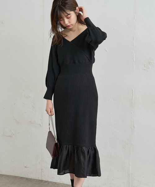 natural couture（ナチュラルクチュール）の「【WEB限定】サテン裾フレアカシュクールニットワンピース（ワンピース・レディース・ブラック/ブラウン/モカ/グリーン/パープル・FREE）」の18枚目の写真