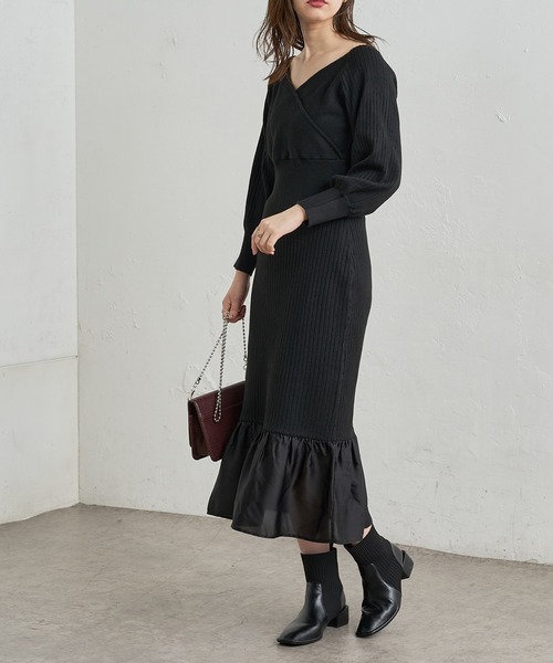 natural couture（ナチュラルクチュール）の「【WEB限定】サテン裾フレアカシュクールニットワンピース（ワンピース・レディース・ブラック/ブラウン/モカ/グリーン/パープル・FREE）」の15枚目の写真