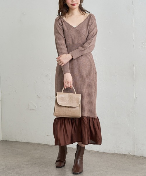 natural couture（ナチュラルクチュール）の「【WEB限定】サテン裾フレアカシュクールニットワンピース（ワンピース・レディース・ブラック/ブラウン/モカ/グリーン/パープル・FREE）」の9枚目の写真
