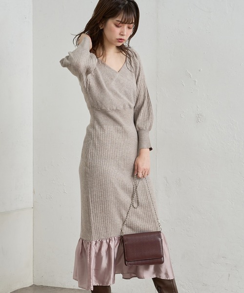 natural couture（ナチュラルクチュール）の「【WEB限定】サテン裾フレアカシュクールニットワンピース（ワンピース・レディース・ブラック/ブラウン/モカ/グリーン/パープル・FREE）」の21枚目の写真