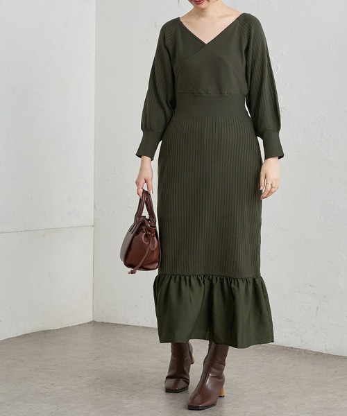 natural couture（ナチュラルクチュール）の「【WEB限定】サテン裾フレアカシュクールニットワンピース（ワンピース・レディース・ブラック/ブラウン/モカ/グリーン/パープル・FREE）」の16枚目の写真