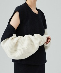 フレンチスリーブプルオーバーニット+配色リブボレロニット