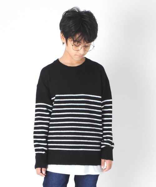 GLAZOS（グラソス）の「ふわふわニット・ドロップショルダー裾レイヤード【マシンウォッシャブル】（ニット/セーター・キッズ・ブルー/ブラック/キナリ/オレンジ/グレー・160cm/150cm/140cm/130cm/170cm）」の2枚目の写真