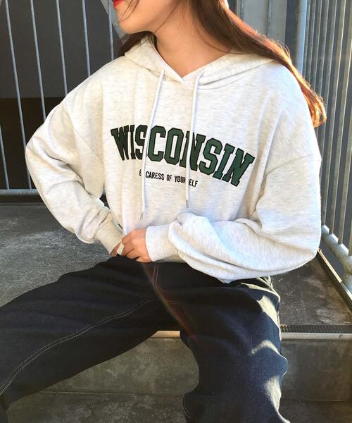 INGNI（イング）の「カレッジロゴクロップドパーカー（Tシャツ/カットソー・レディース・グリーン/オートミール/オフホワイト/ブラック・M）」の12枚目の写真