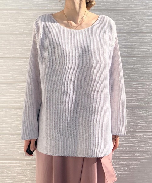 Q（キュー）の「両畦ストライプリバーニット（ニット/セーター・レディース・ライトグレー/オレンジ・MEDIUM）」の3枚目の写真