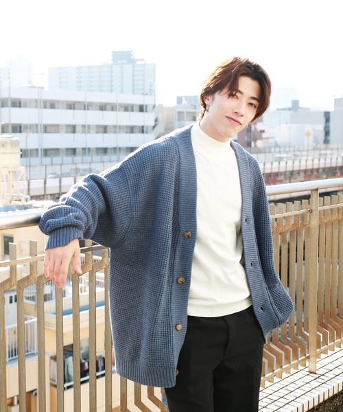 セール】7G 綿混ワッフル編み ビッグサイズVカーデ（カーディガン