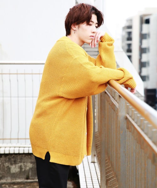 セール】7G 綿混ワッフル編み ビッグサイズVカーデ