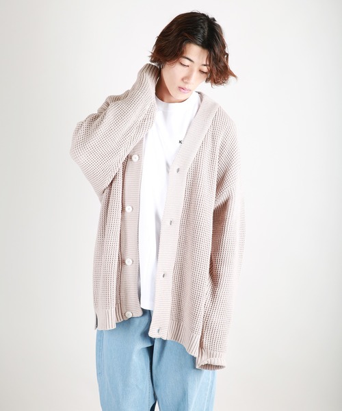 WESTSEA(ウエストシー)の「7G 綿混ワッフル編み ビッグサイズVカーデ(カーディガン/ボレロ・メンズ・グレイッシュベージュ/オフホワイト/マスタード/ブラック/オレンジ/グレイッシュブルー/グリーン/クリアグリーン/ロイヤルブルー/スミクロ・M/L)」の13枚目の写真