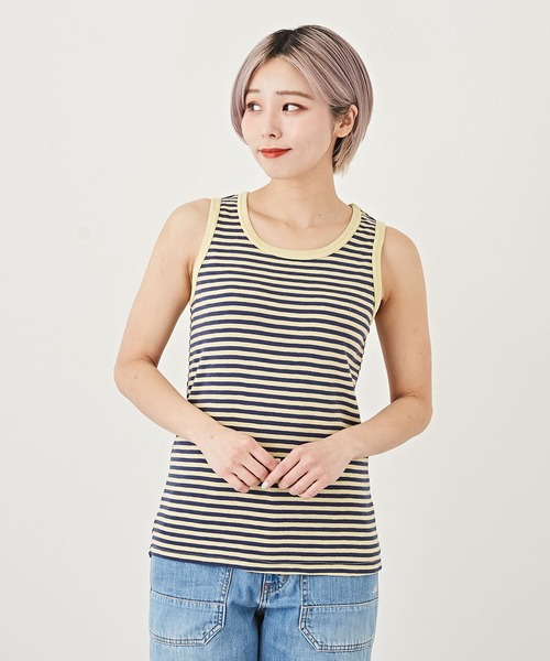 CUBE SUGAR（キューブシュガー）の「ショートスラブボーダーインナータンクトップ（タンクトップ・レディース・ペールイエロー/トップグレー/ブラック/マルチ/ラベンダー/ピンク・M）」の5枚目の写真