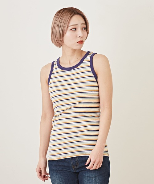CUBE SUGAR（キューブシュガー）の「ショートスラブボーダーインナータンクトップ（タンクトップ・レディース・ペールイエロー/トップグレー/ブラック/マルチ/ラベンダー/ピンク・M）」の6枚目の写真