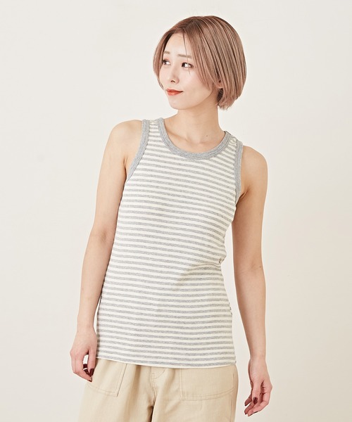 CUBE SUGAR（キューブシュガー）の「ショートスラブボーダーインナータンクトップ（タンクトップ・レディース・ペールイエロー/トップグレー/ブラック/マルチ/ラベンダー/ピンク・M）」の3枚目の写真