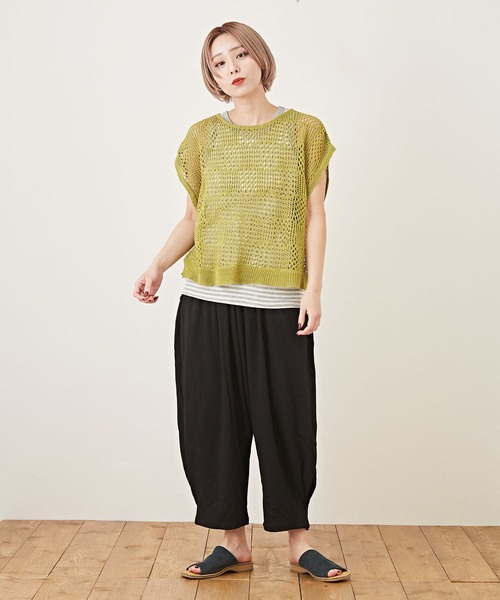 CUBE SUGAR（キューブシュガー）の「ショートスラブボーダーインナータンクトップ（タンクトップ・レディース・ペールイエロー/トップグレー/ブラック/マルチ/ラベンダー/ピンク・M）」の7枚目の写真