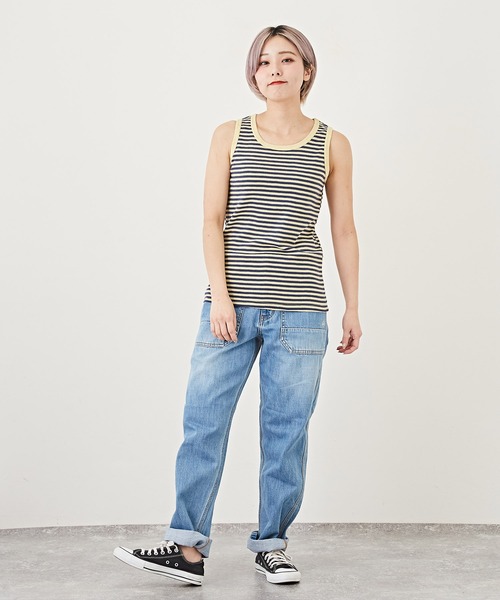 CUBE SUGAR（キューブシュガー）の「ショートスラブボーダーインナータンクトップ（タンクトップ・レディース・ペールイエロー/トップグレー/ブラック/マルチ/ラベンダー/ピンク・M）」の21枚目の写真